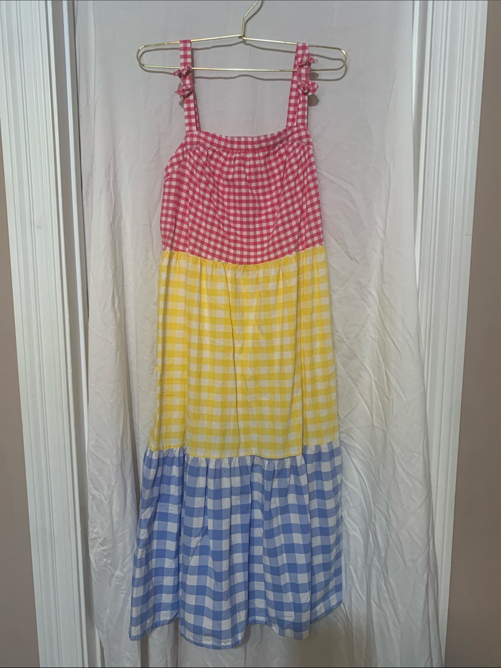 Wonder Nation Girls Plus size 14/16 Pink, Yellow & Blue Tiered Gingham Sundress